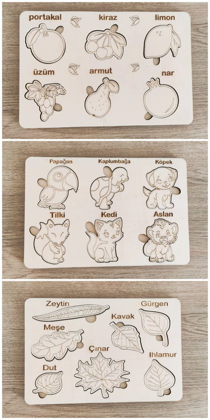 montessori eğitici boyanabilir ahşap tak cıkar puzzle oyuncak 3 lü set,hayvanlar,yapraklar,meyveler