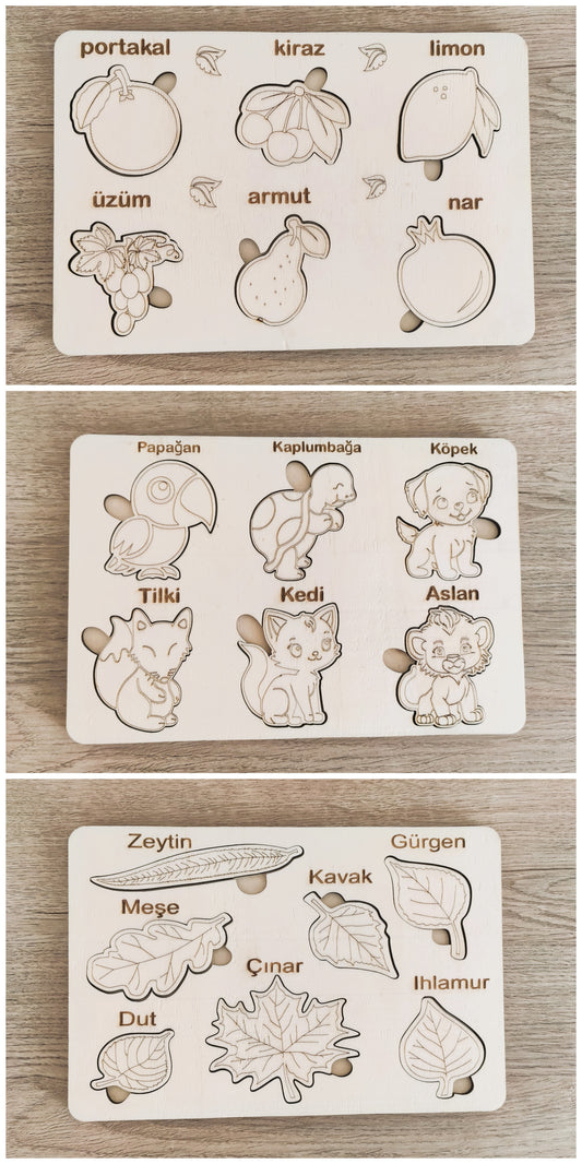 montessori eğitici boyanabilir ahşap tak cıkar puzzle oyuncak 3 lü set,hayvanlar,yapraklar,meyveler