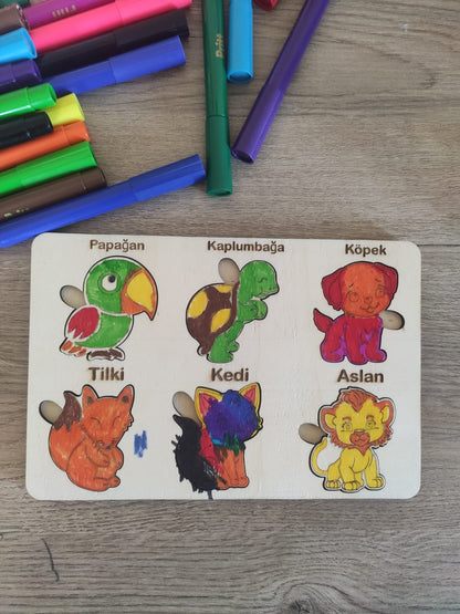 montessori eğitici boyanabilir ahşap tak cıkar puzzle oyuncak 3 lü set,hayvanlar,yapraklar,meyveler