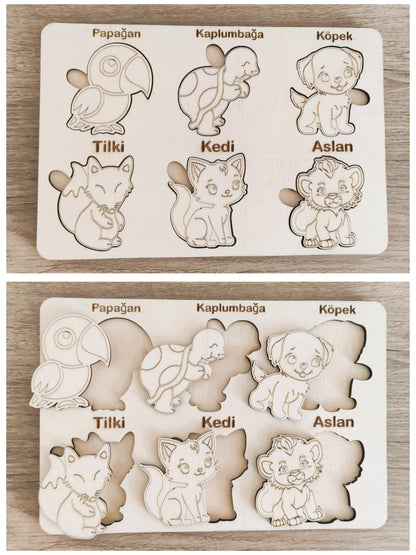 montessori eğitici boyanabilir ahşap tak cıkar puzzle oyuncak 3 lü set,hayvanlar,yapraklar,meyveler