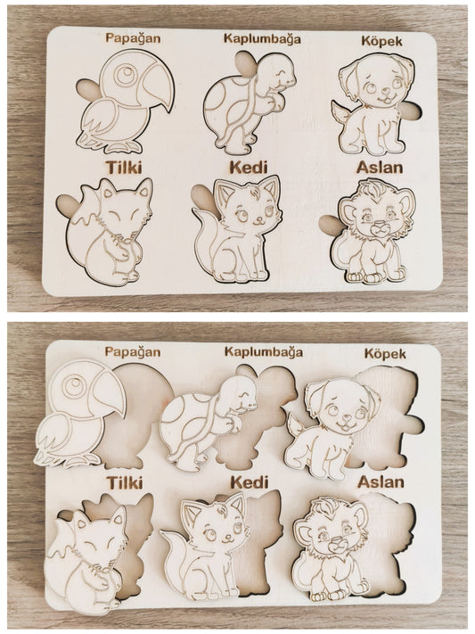 montessori eğitici boyanabilir ahşap tak cıkar puzzle oyuncak 3 lü set,hayvanlar,yapraklar,meyveler