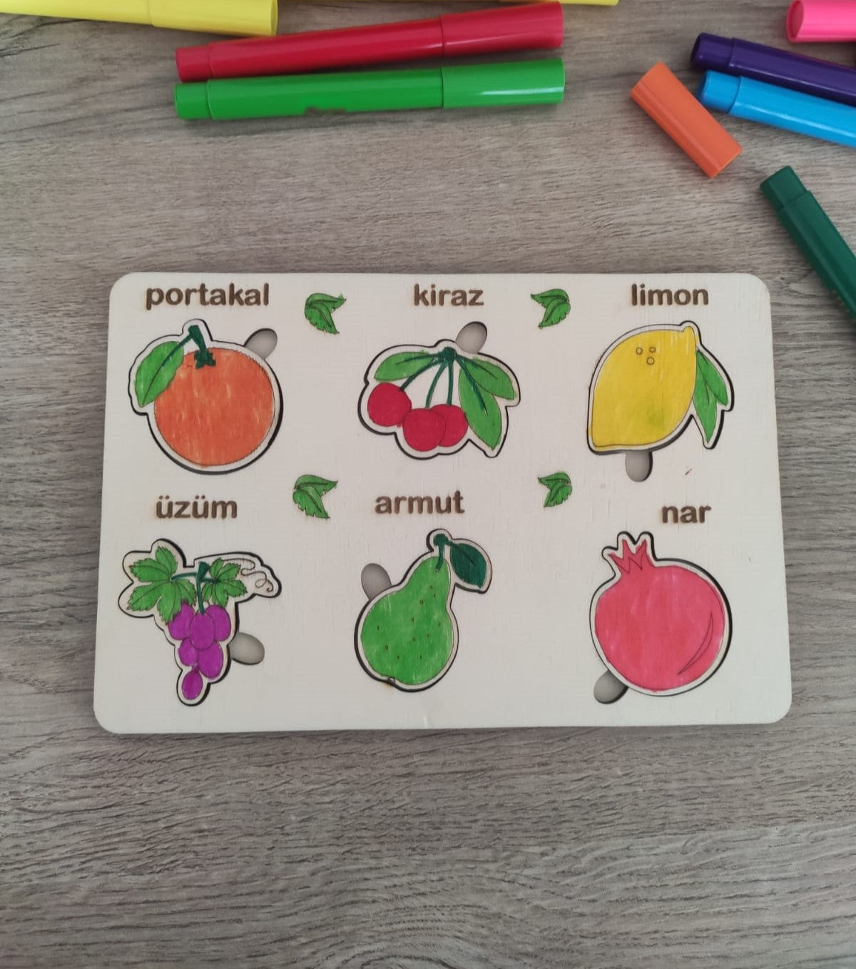 montessori eğitici boyanabilir ahşap tak cıkar puzzle oyuncak 3 lü set,hayvanlar,yapraklar,meyveler