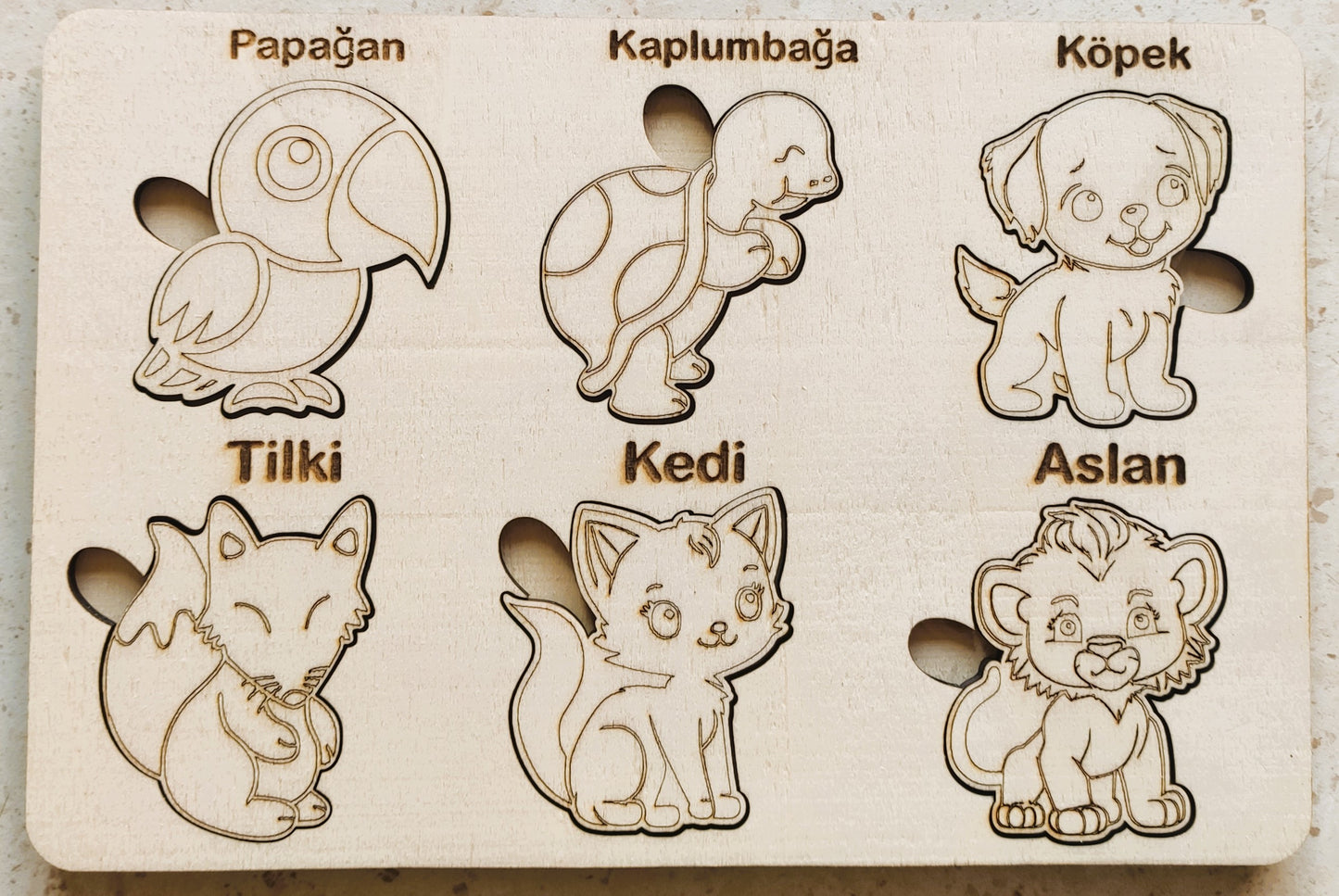 montessori eğitici boyanabilir ahşap tak cıkar puzzle oyuncak 3 lü set,hayvanlar,yapraklar,meyveler