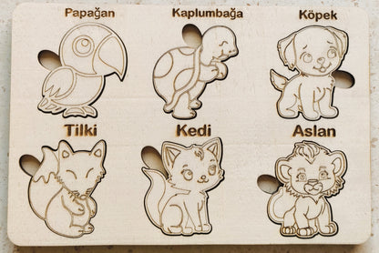montessori eğitici boyanabilir ahşap tak cıkar puzzle oyuncak 3 lü set,hayvanlar,yapraklar,meyveler