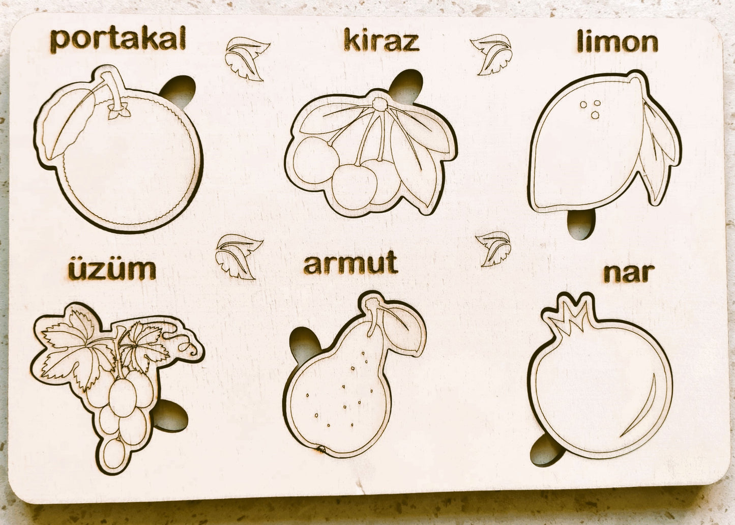 montessori eğitici boyanabilir ahşap tak cıkar puzzle oyuncak 3 lü set,hayvanlar,yapraklar,meyveler