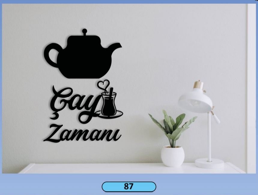 Çay Zamanı Ahşap Duvar Yazısı (Demlik & Bardak)